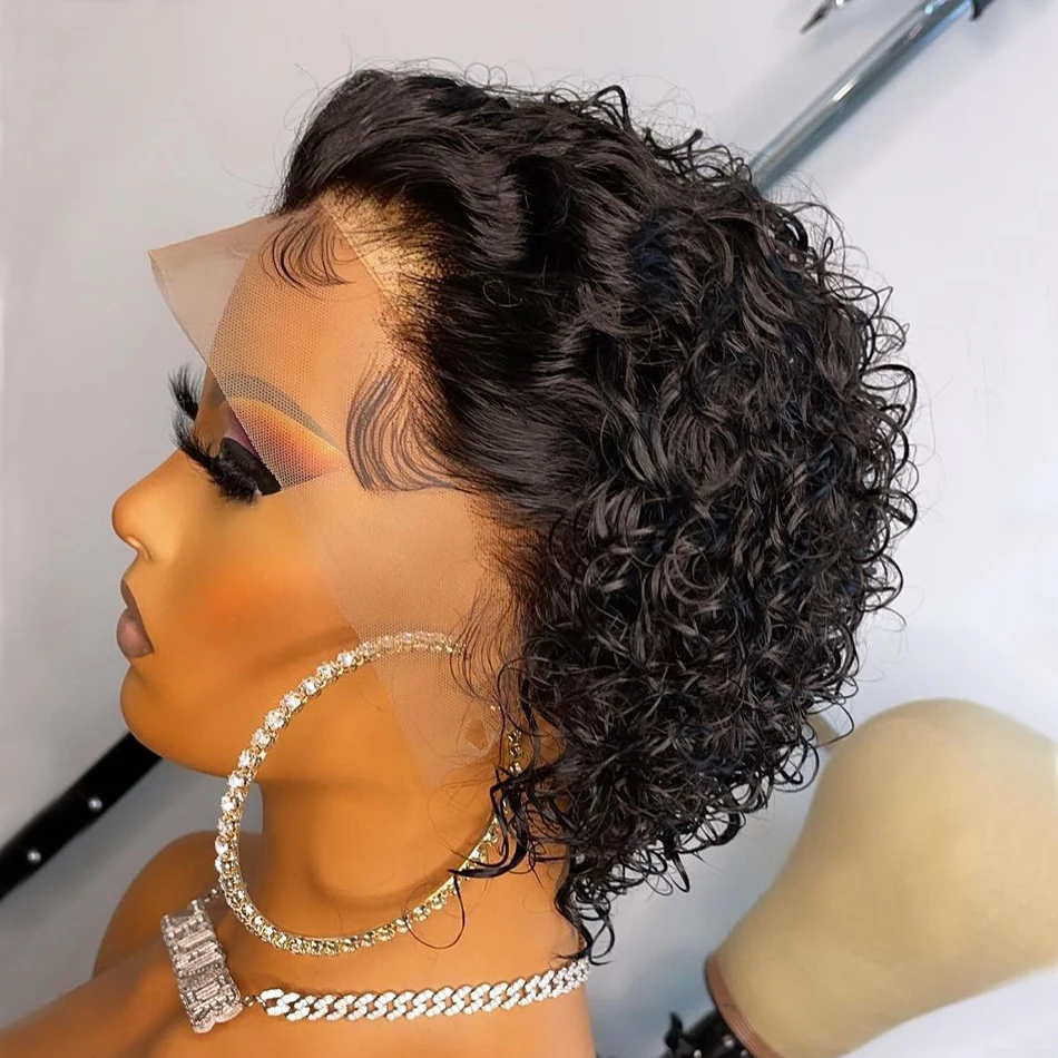 

Pixie Cut Lace Front Human Hair Wig Deep Kinky Curly Wave Short Bob Wigs Peruvian Remy Pre Plucked Frontal 180 Density For Women