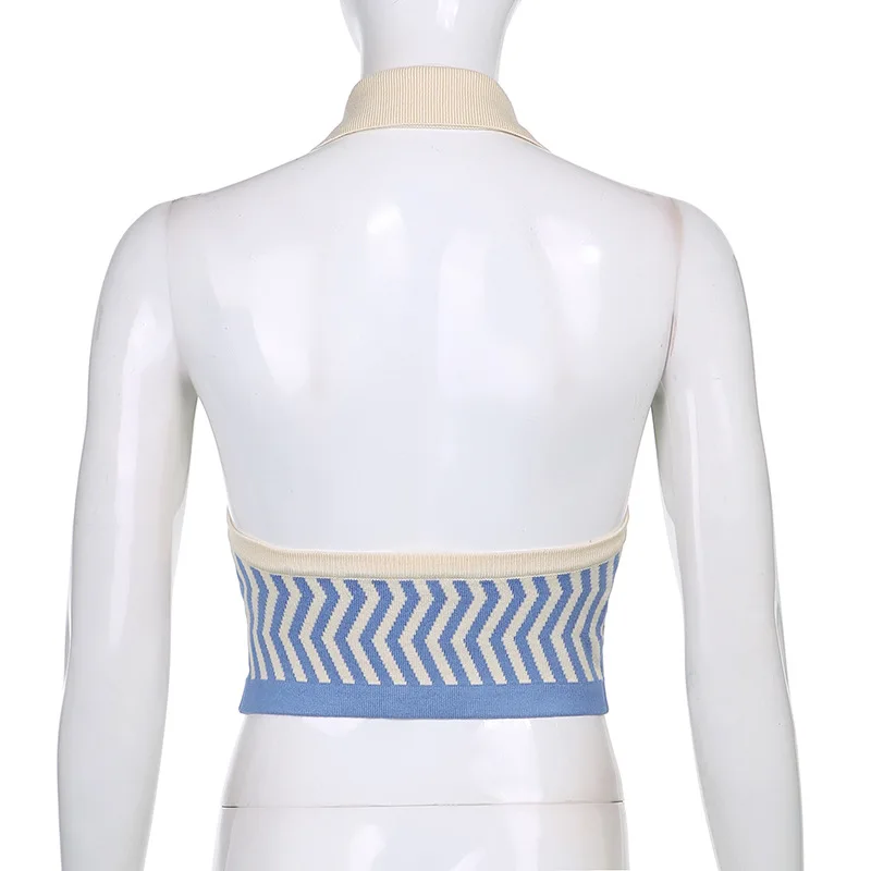 

ALLNeon Vintage Striped Knitted Halter Cropped Tops E-girl Aesthetics Sleeveless Single-breasted Vests Y2K Fashion Blue Tops