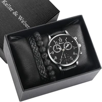 cool black wristwatch bracelet men gift set quartz numerals dial leather strap flexible mens hand chain fine fathers day gifts
