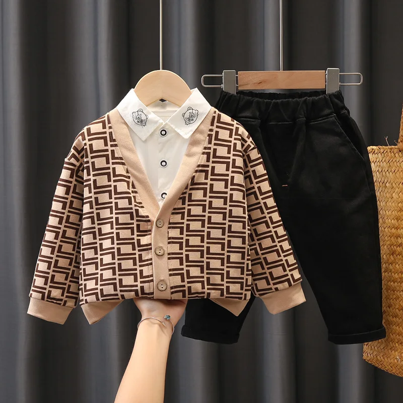 

3 шт., Детский Повседневный Кардиган + рубашка + черные брюки