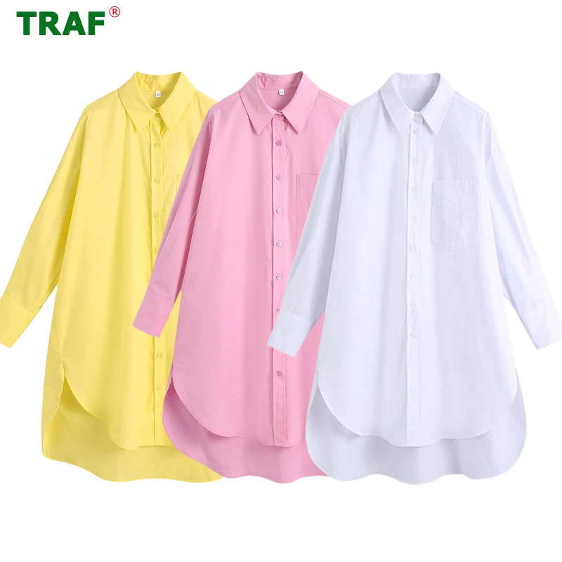 TRAF White Button Up Shirt Women Pink Long Shirt Women Collared Baggy Shirts Woman 2022 Summer Blouses Long Sleeve Top Female