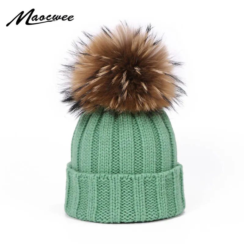 

Women Winter Knitted Beanie Hat With Real Fur Pom Pom For Female Warm Thick Slouchy Skullies Beanies Real Fur Pompon Outdoor Hat