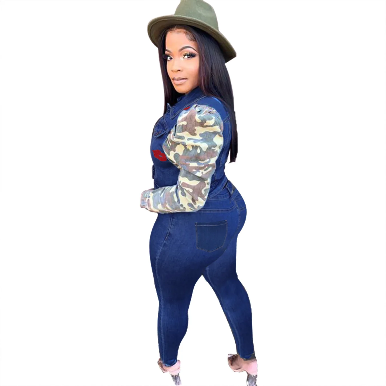 

Fashion women's long-sleeved buttons Short casual denim jacket cardigan jacket New women's jacket jacket Camo stitching big lips