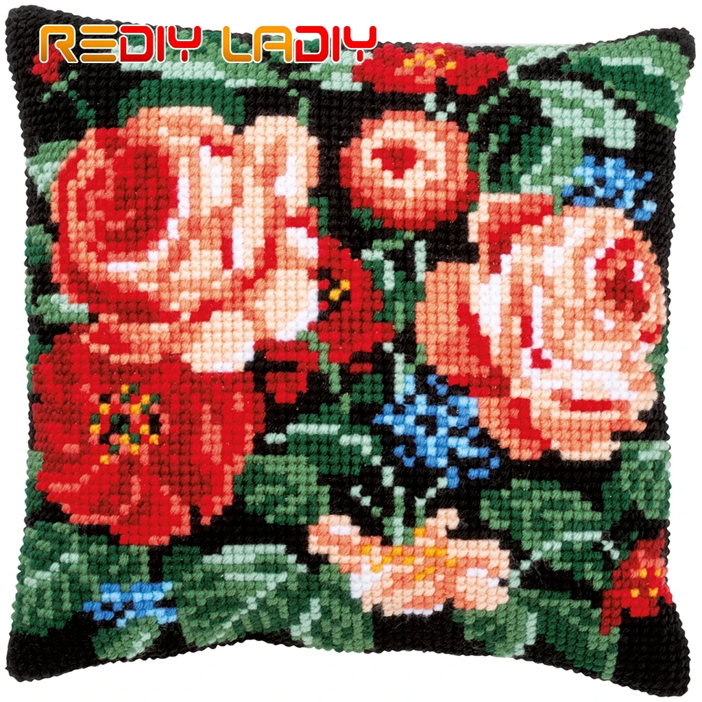 Cross Stitch Cushion Cover Roses Bouquet Pillow Case Pre-Printed Canvas Thick Yarn Cross-stitch Kits Needlepoint Arts and Crafts