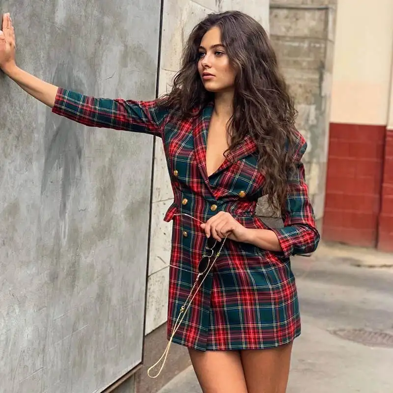 Двубортное платье блейзер для женщин с клетчатым принтом 3/4 рукав офисное