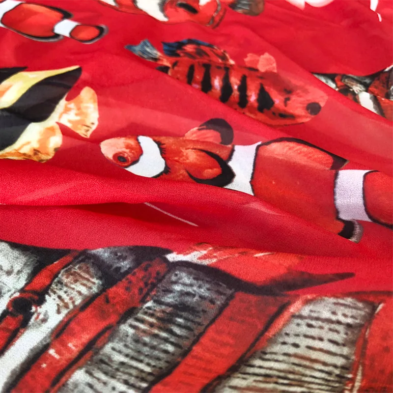 145cm Width Fashion Tropical Fish Red Imitate Cotton Or Thin Chifon Fabric for Woman Girl Summer Dress Blouse Pants DIY Sewing | Дом и сад