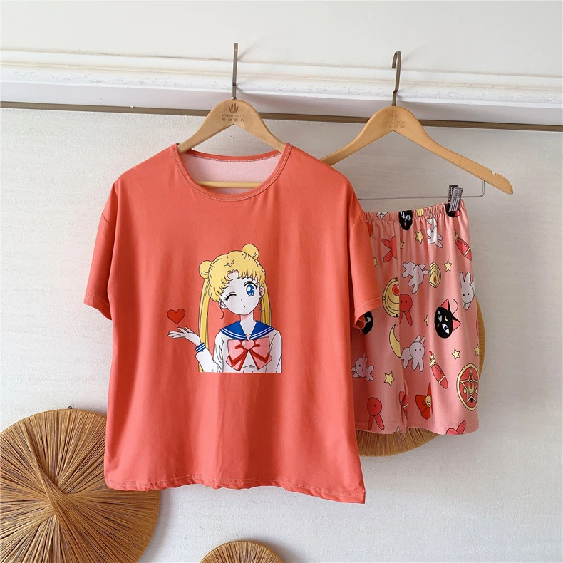 

Tonngirls Cute Sailor Moon Women Pyjamas Set Sleep Summer Cartoon Print Short Sleeve Ladies Night Suit Sweet Homewear Japanese