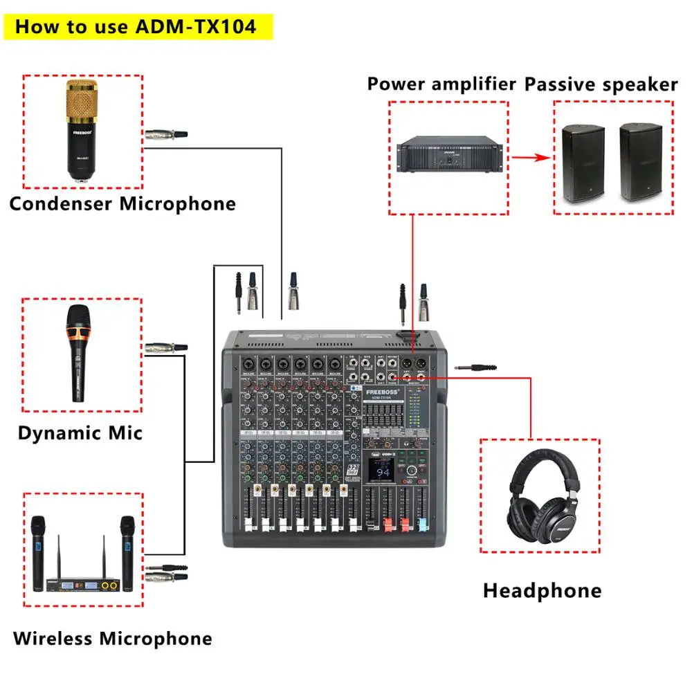 Профессиональный аудиомикшер Freeboss ADM TX104 10 каналов + 48 В 7 диапазонный графический