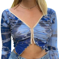 fashion trend womens v neck top central clasp lettuce trim tie dye print sexy crop long sleeve tee skinny autumn t shirts