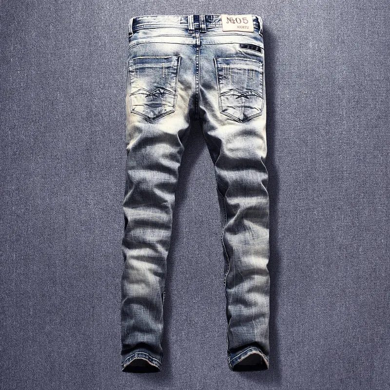 Italian Style Fashion Men Jeans Retro Blue Elastic Cotton Slim Fit Ripped Jeans Men Streetwear Vintage Designer Denim Punk Pants