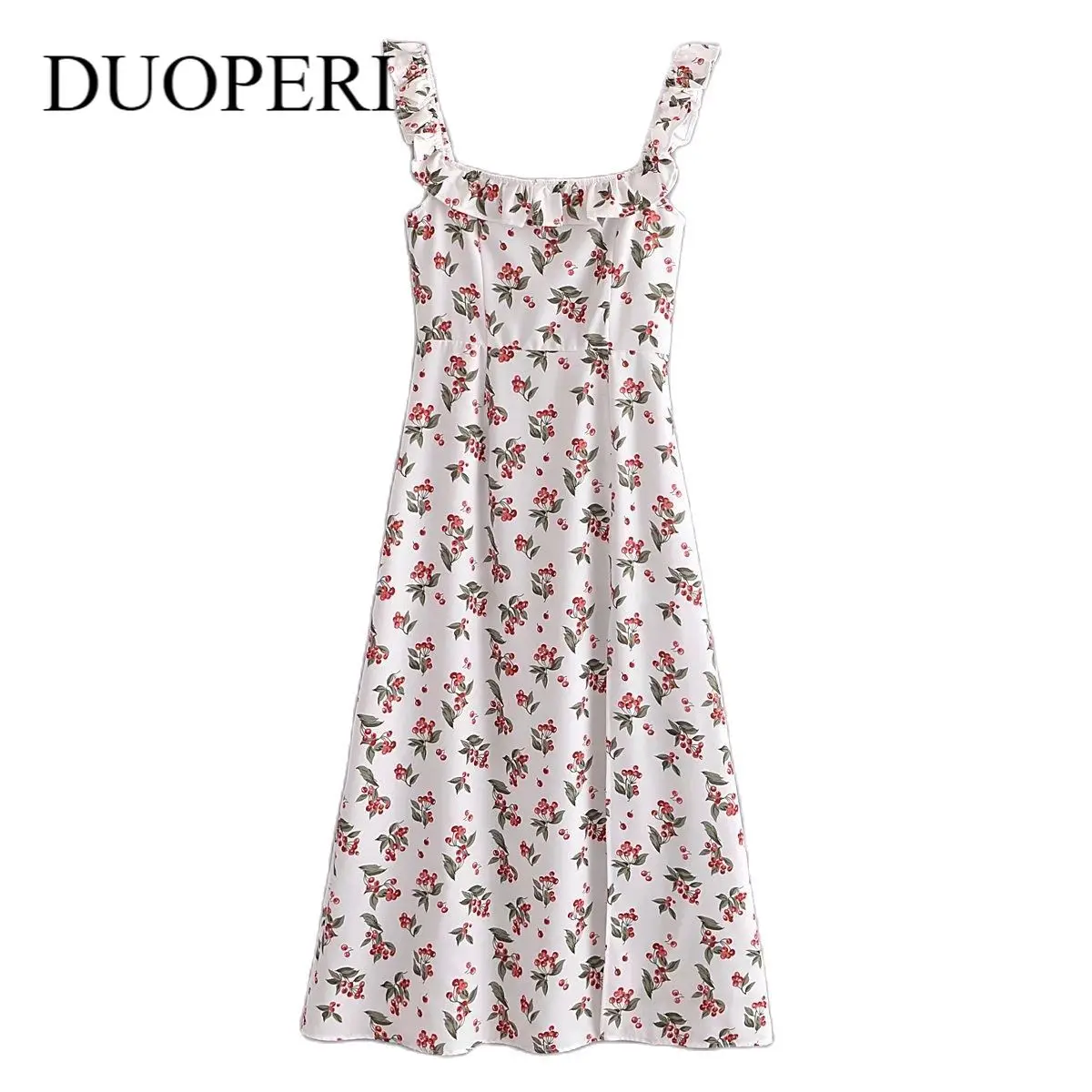 

Платье DUOPERI женское с винтажным принтом вишни, шикарное повседневное миди-платье с квадратным вырезом и оборками