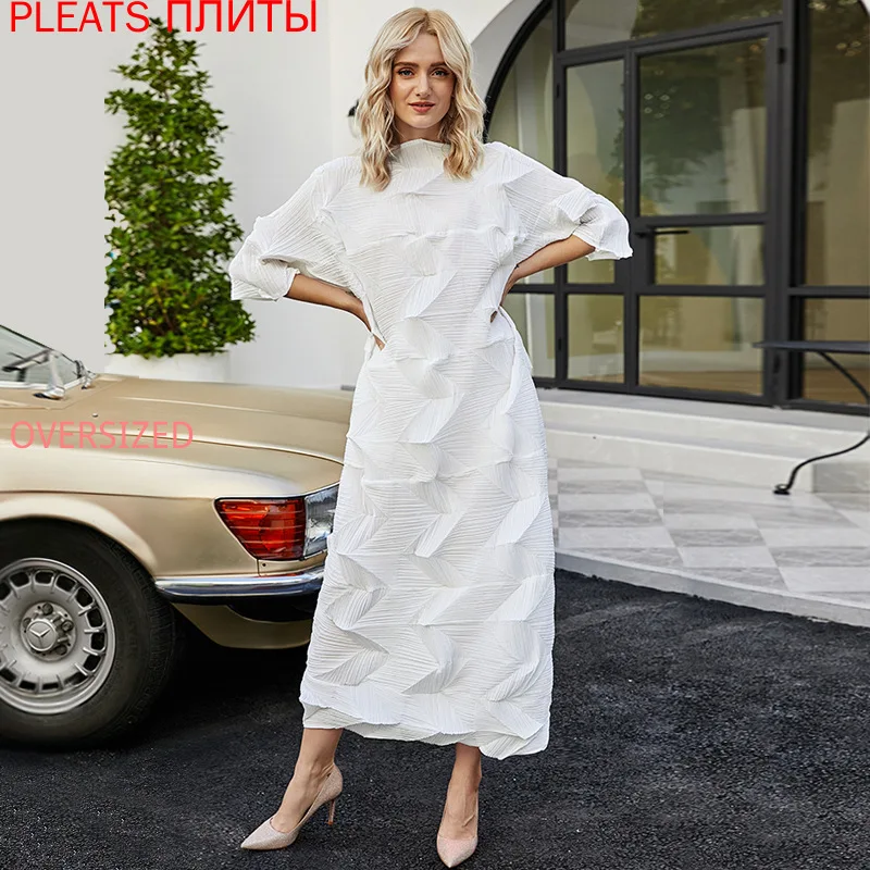 

Square Pleated Half High Neck Dress Women's Spring Waist Show Thin French Bellflower Dress European American Temperament Pleats