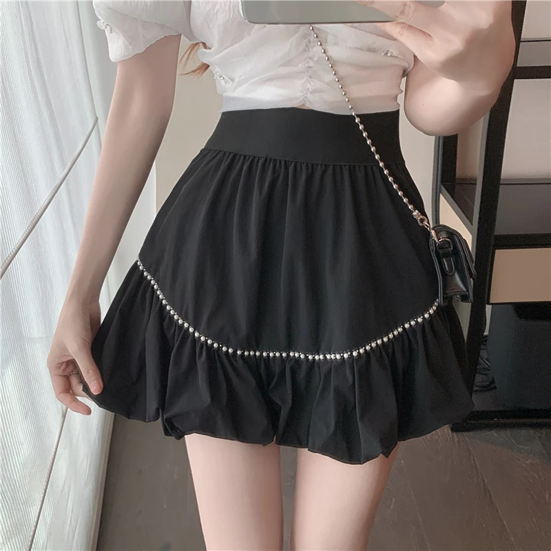 

Sexy One-shoulder Folds Fairy Flower Crop Top + High-waist Pearl Ball Gown Skirt Suits Two-piece Sets Women Sweet Ensemble Femme