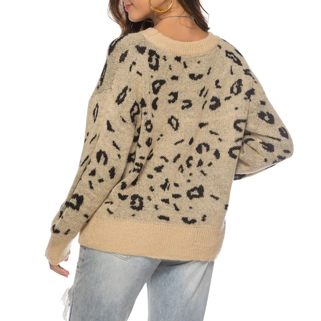 women's sweater knitted KLV blouses woman 2019 Women's oversized leopard long-sleeved knit shirt top 9.4 | Женская одежда