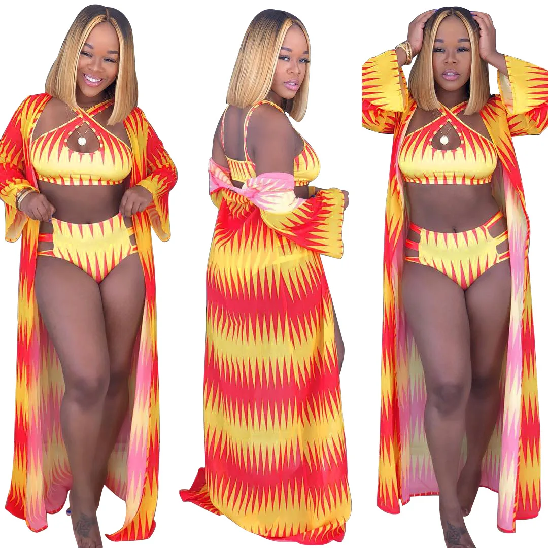 Summer Women Bikinis Swimwear Three Piece Sets Cover Up Cloak Beach Printed Sexy Bathing Swimsuits