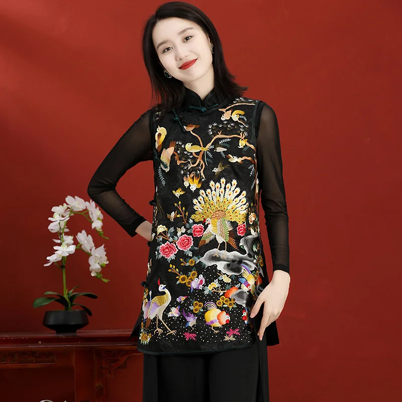 

Spring And Autumn High-End Custom Chinese Style Hand Embroidery Stand Collar Sleeveless Lady Vest Coat S-3XL