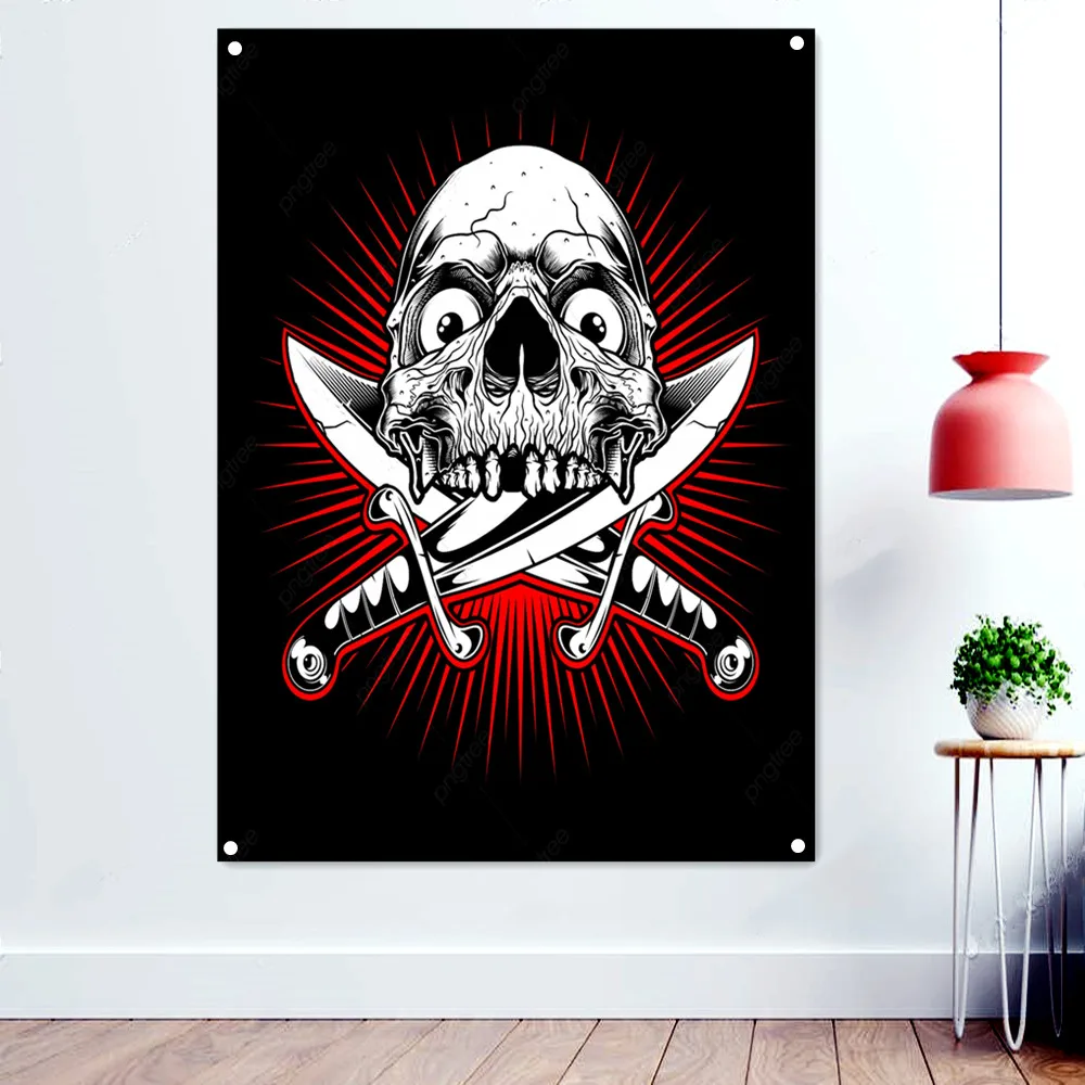 

Pirate Flag Wall Art Tapestry Wall Decoration Skull Crossed Bones Poster Polyester Hanging Cloth Banners With Four Metal Buckle