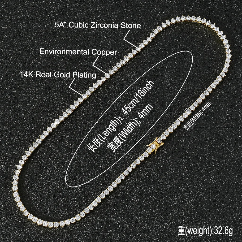 

Hip Hop 4MM Bling Iced Out CZ Bracelet Necklaces 5A+ Cubic Zirconia Stone 14K Gold Plating Tennis Chain For Mens Women Jewelry