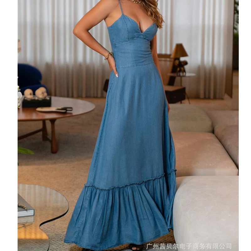 

Джинсовое платье, однотонное летнее платье из искусственной джинсовой ткани, без рукавов, с низким вырезом, с высокой талией, тонкое длинное...