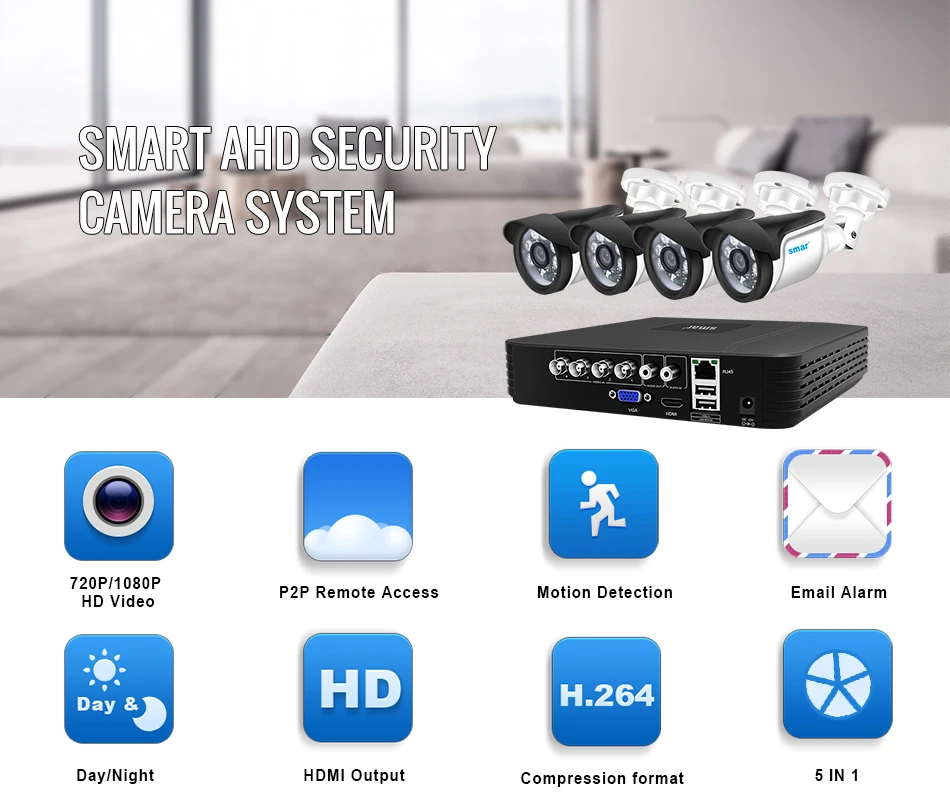 Sm4ch 1080N 5 в 1 AHD DVR комплект CCTV системы 4& 2 шт 720 P/1080 P IR AHD Camera Открытый водонепроницаемый комплект видеонаблюдения XMeye
