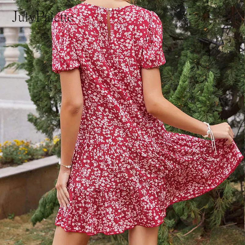 

Julypalette Vintage Ruffles O-neck Woman Dress Bohemian Summer Floral Printed Short Sleeve Beach Dress Loose Female Vestidos