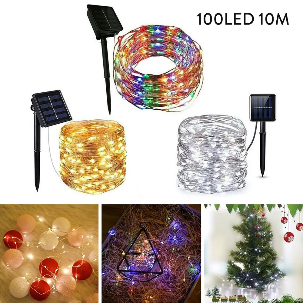10M 100 LED Solar String Light Fairy Garland Copper Wire Light String Outdoor Waterproof Christmas Garland Lighting Garden Decor