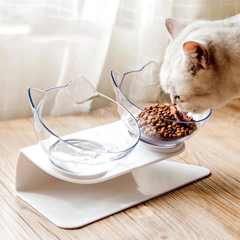 

Non slip Double Cat Bowl with stand cat bowls Protect Cervical Vertebra Tilt cat food bowl Transparent AS Material Pet Products