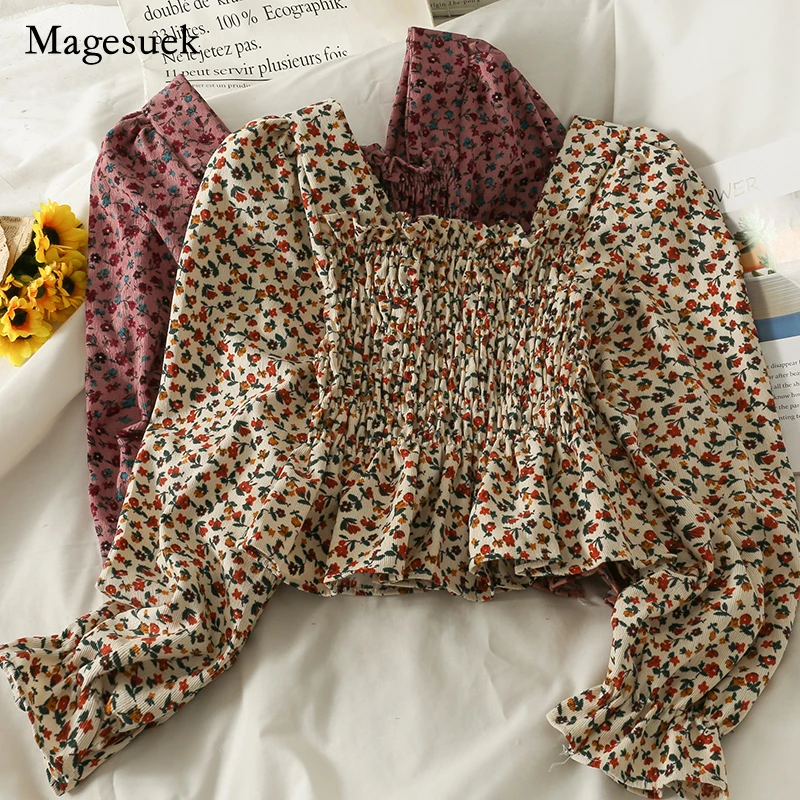 

2022 Spring Fashion Shirt Print Floral Short Women's Shirt Temperament Square Collar Puff Sleeve Tops Sweet Slim Blouse 18311