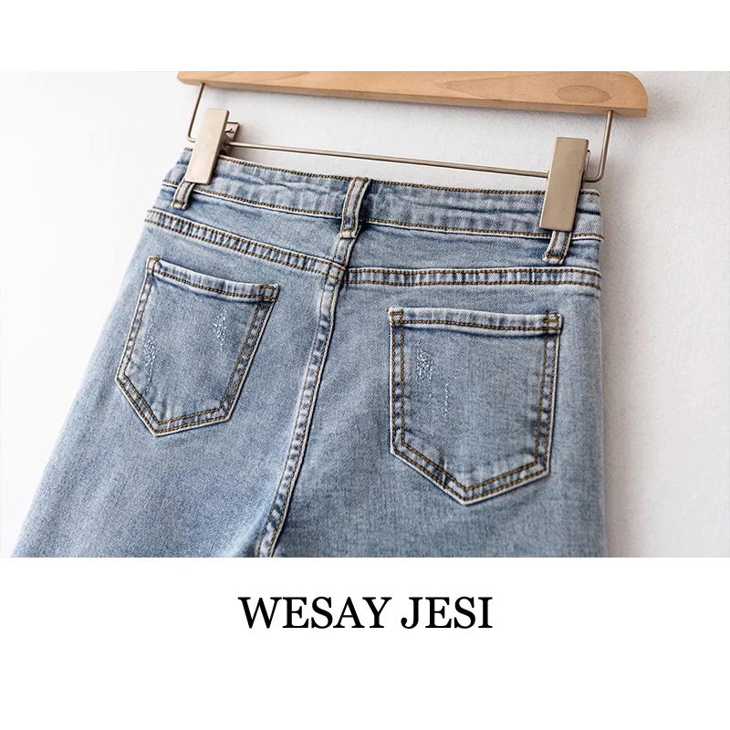 

WESAY JESI Fashion 2021 Summer Women's Denim Shorts High Waist Hole Tassels Slim Jeans Pockets Straight Hot Shorts Streetwear