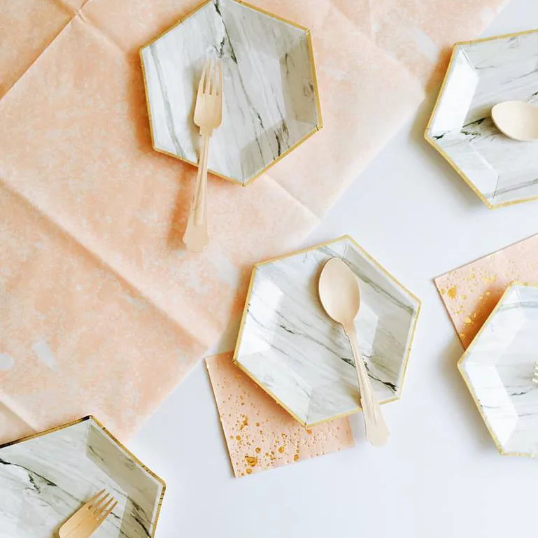 

Hexagon Happy Birthday Decoration Pink Peach Disposable Tableware Paper Plate Cup Baby Shower Child Adult Party Decoration