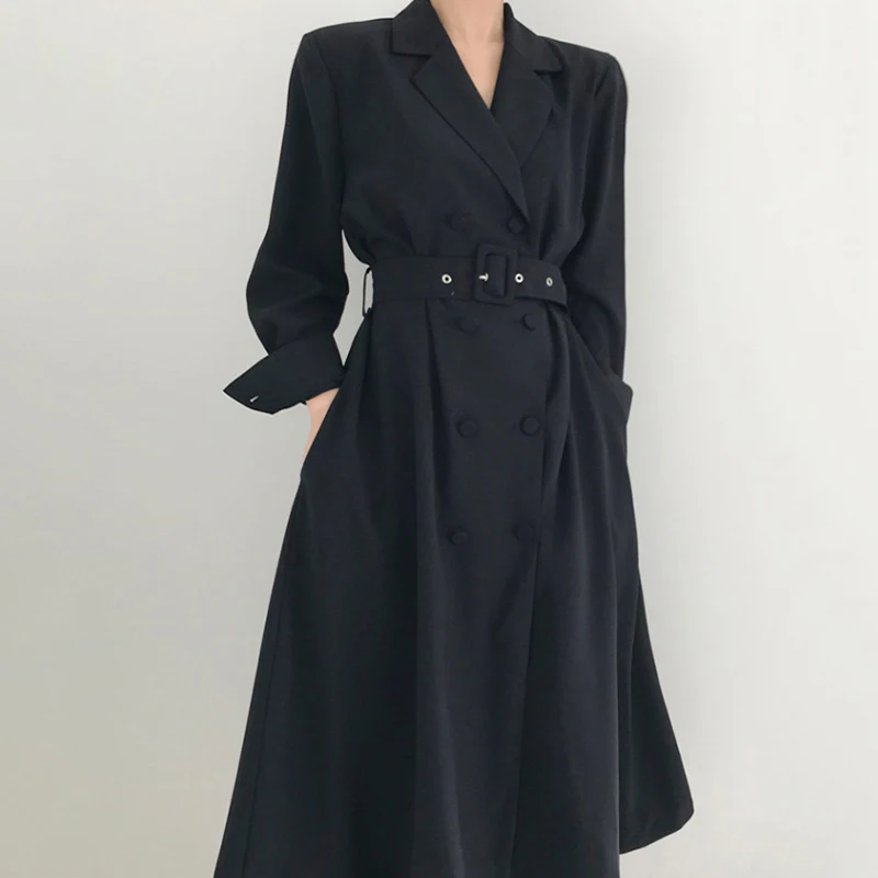 SHENGPALAE 2019 новая осенне зимняя черная ветровка с поясом отложным воротником