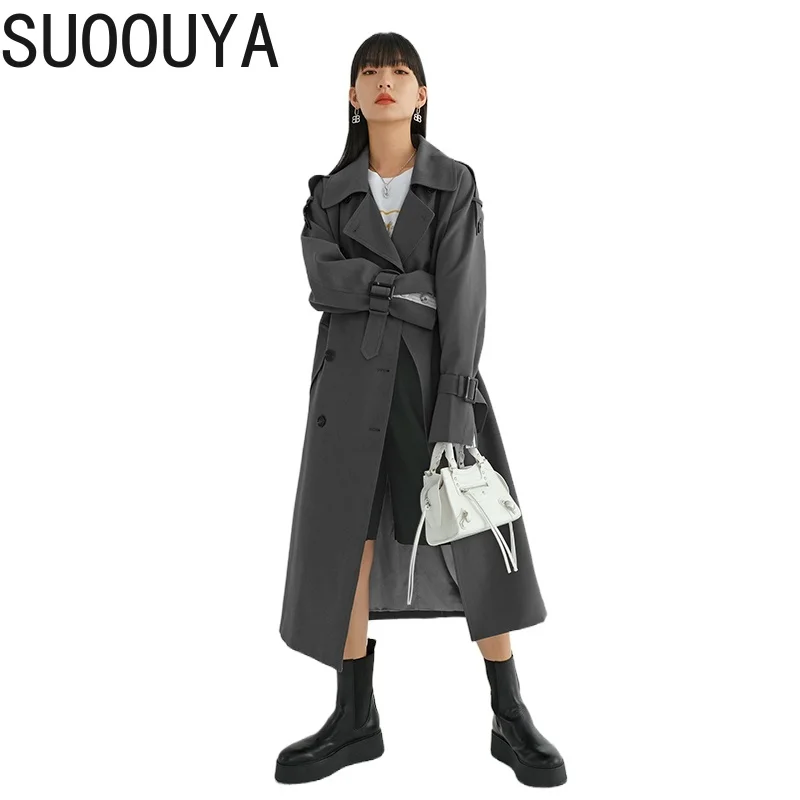 

[SUOOUYA] Women Long Sleeve Loose Gray Pockets Long Trench New Notched Fit Windbreaker Fashion Tide Spring Autumn female 2021
