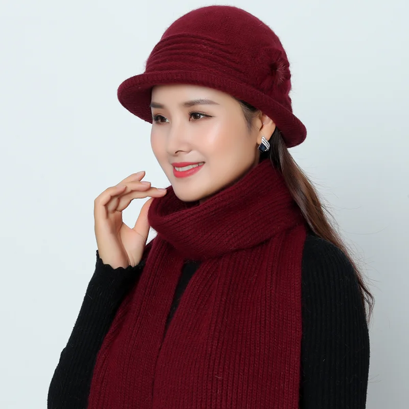 Новая женская зимняя шапка с кроличьим мехом и шарф Вязаная Шерстяная однотонная