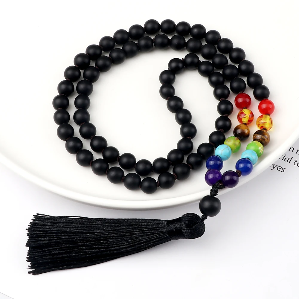 

108 Mala Men 7 Chakra Necklaces 8mm Natural Matte Black Stone Beaded Reiki Prayer Necklace Charm Women Yoga Energy Jewelry Gifts