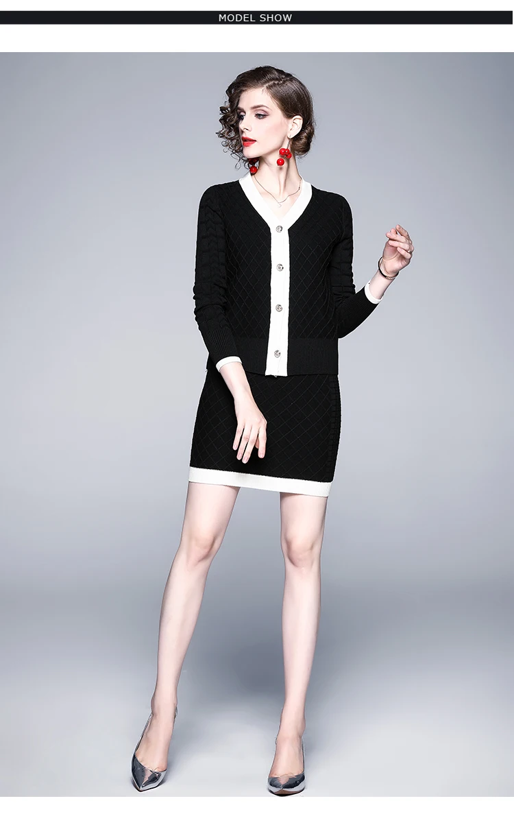 Knitted Patchwork Color Single Breasted Cardigans Women Fashion Sweaters Tops+Elastic High Waist Autumn Winter Knit Skirts Sets |