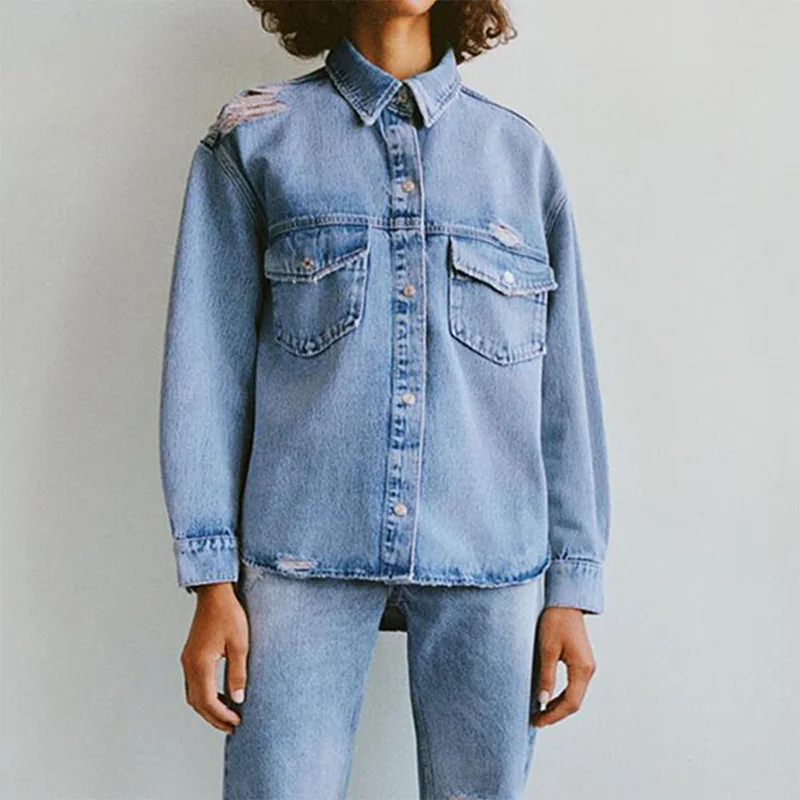 Женская джинсовая рубашка с вырезами Повседневная Свободная куртка из денима