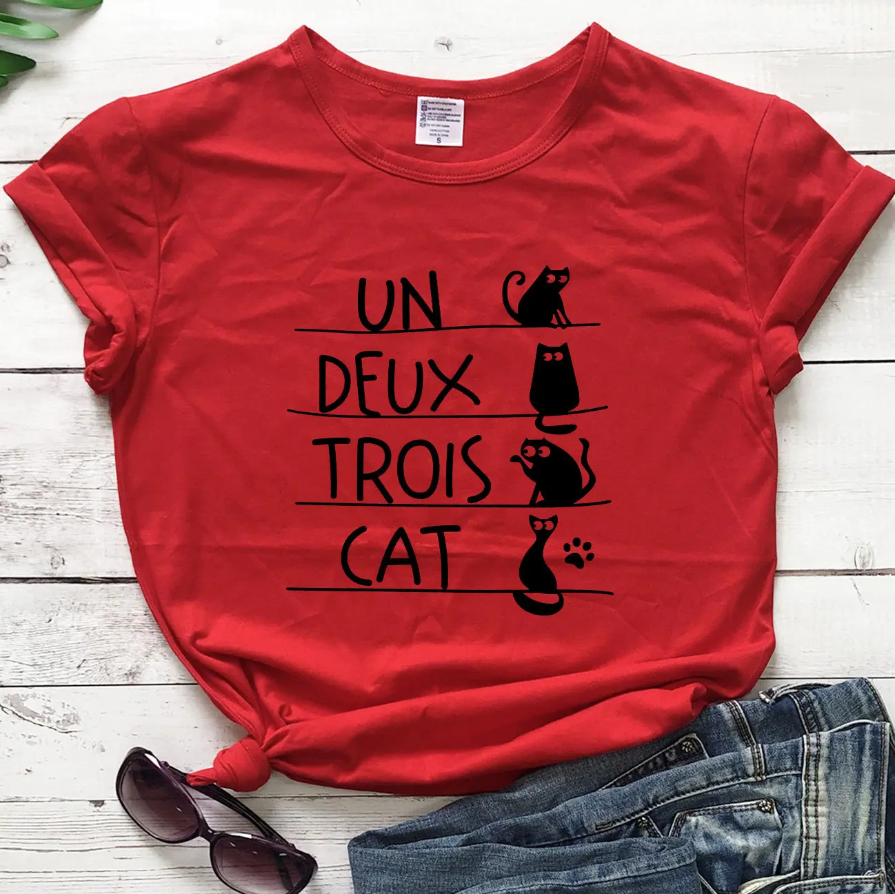 

100% Cotton Women T Shirt UN DEUX TROIS CAT Printed Tshirt Ladies Short Sleeve Tee Shirt Women Female Tops Clothes Camisetas