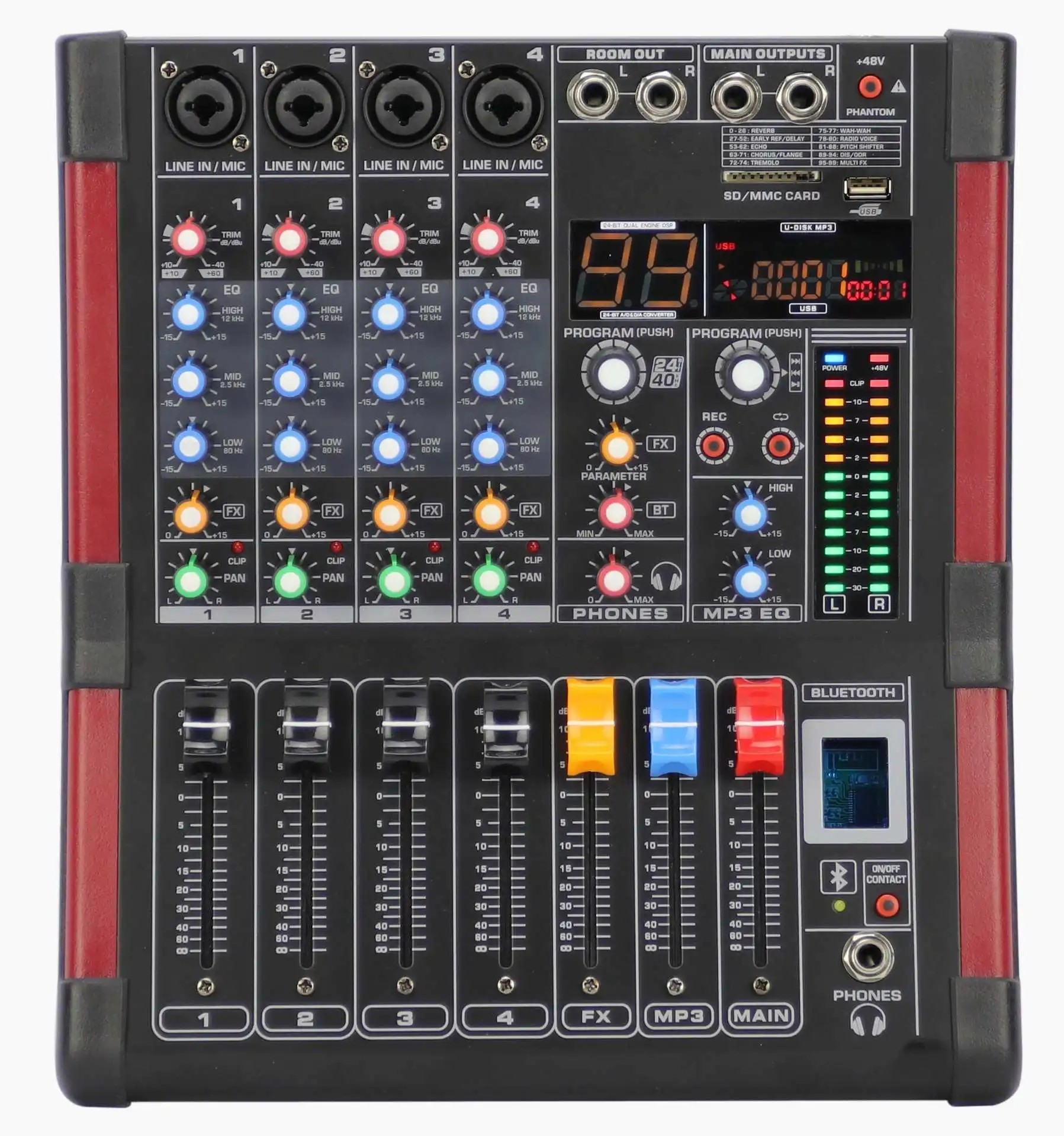 LEORY 4-канальный DJ Караоке микшер bluetooth 99 DSP живой смешивания USB консоль USB, Профессиональный усилитель мощности