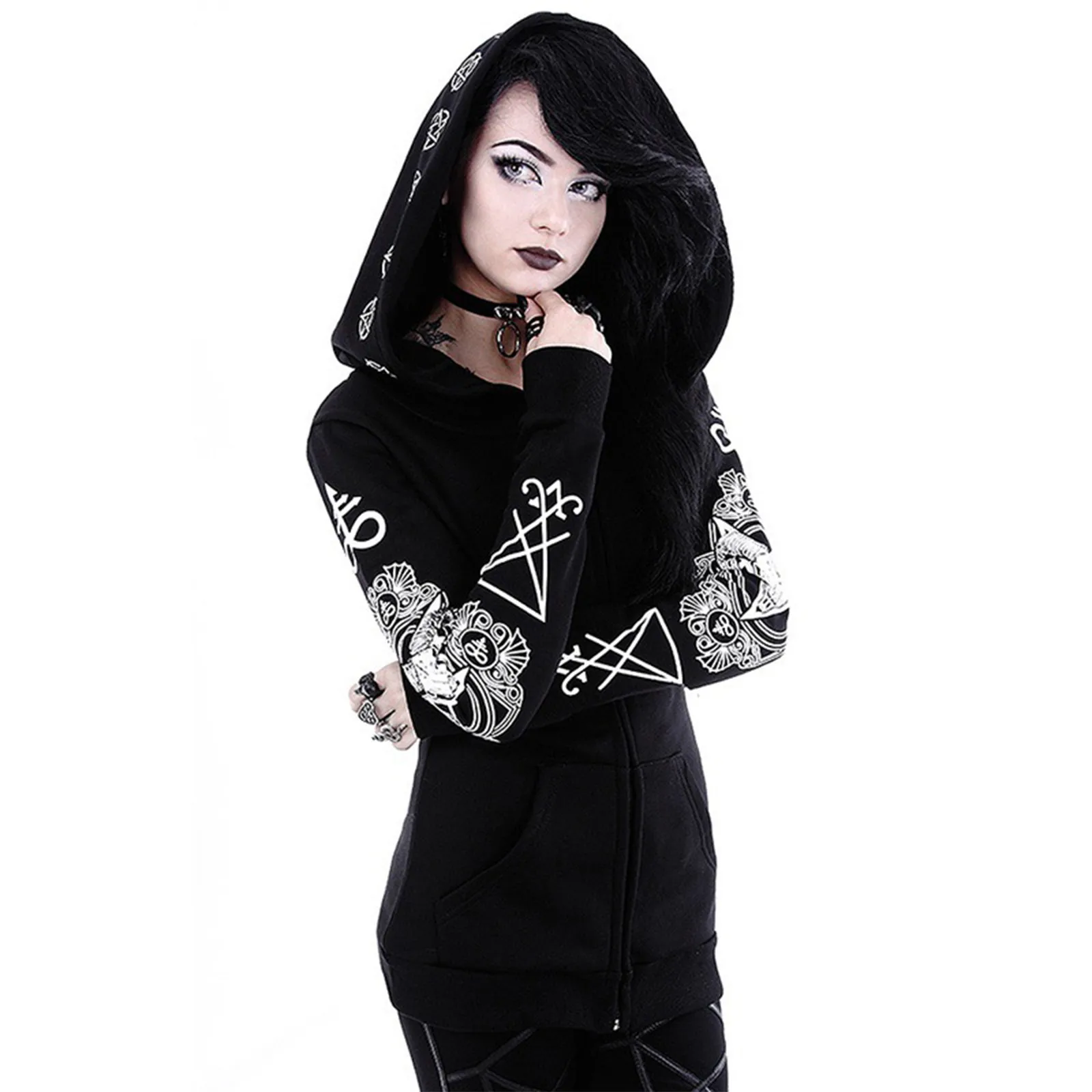 

Gothic Punk Black Long Women Hoodies Sweatshirts 2021 Autumn Print Long Sleeve Hoodie Women Loose Coat Hooded Sweatshirt