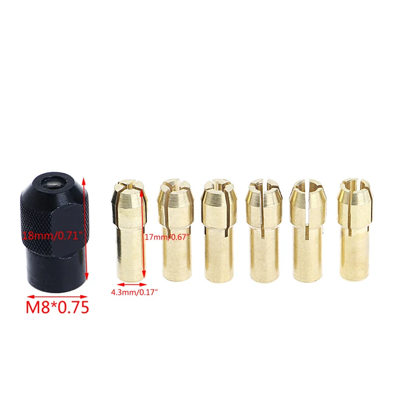 

7Pcs Brass Collet 1.0/1.6/2.0/2.4/3.0/3.2 + Check M8*0.75 Fits Rotary Tools P82D