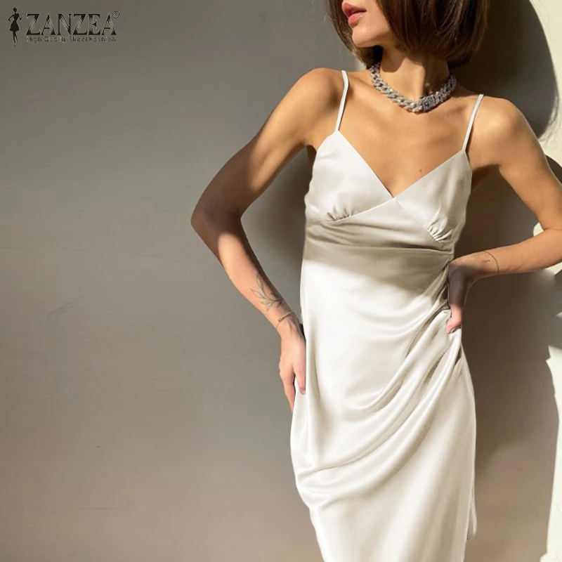 

Sexy Satin Women Sleepwears ZANZEA 2021 Summer Strap Midi Nightwears Casual Solid Sleevless Elegant Ladies Loose Sleepshirt 5XL