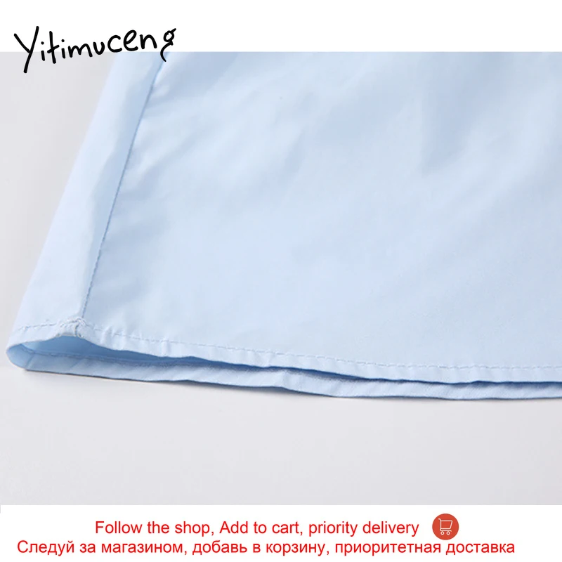 

Yitimuceng Blue Blouse Women Zipper Loose Casual Shirts Puff Sleeve O-Neck Straight Solid 2021 Summer Korean Fashion New Tops