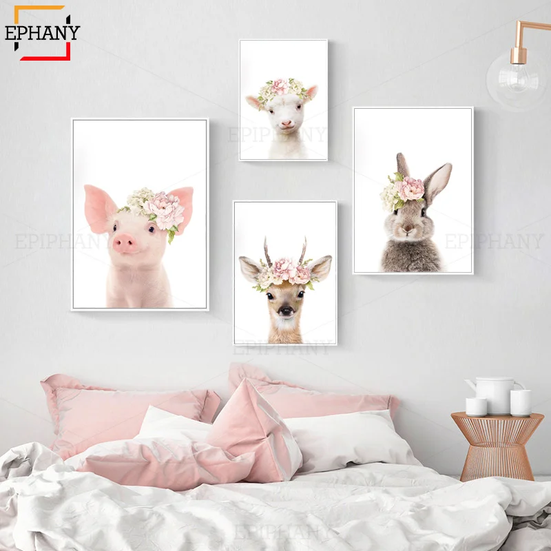 Детское животное с цветами искусство на холсте рисунок кролика оленя картина