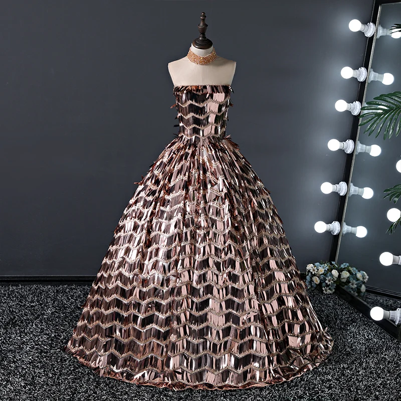 Flower Girl Dresses High Sleeveless Tulle Lace Sequined Beading Princess Floor-Length Luxury Brown Elegant Kids Party Gown H585