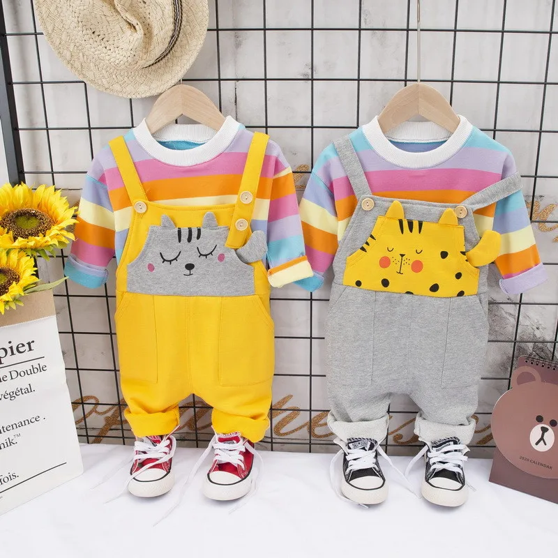 

Baby Cotton Clothes Spring Autumn Stripe Outfits Kids shirt+Overalls Suit Boy Girls Cartoon Cat Clothes Toddler Rainbow Clothing