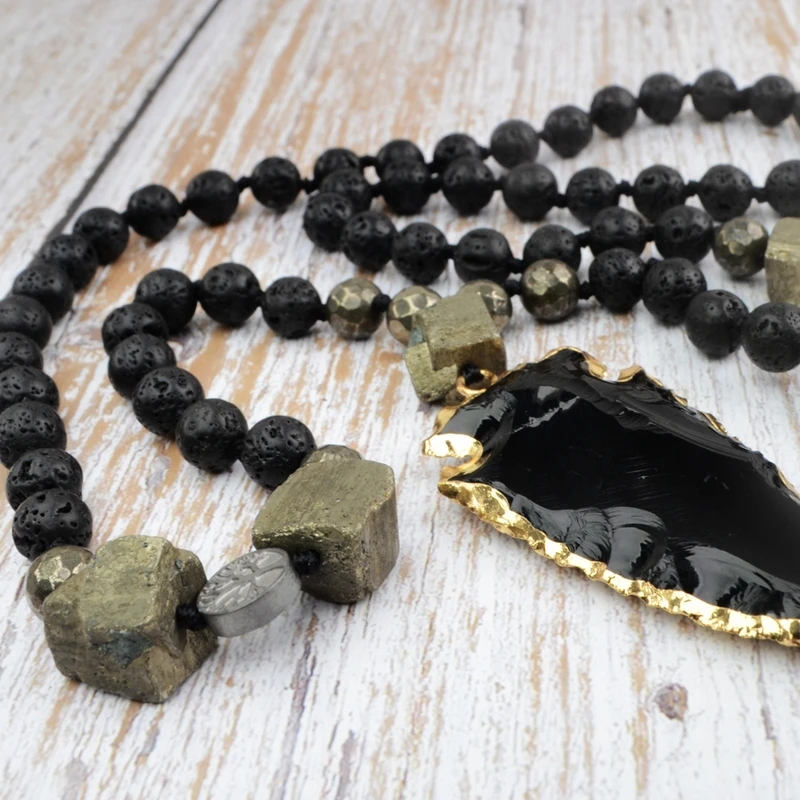 Obsidian Men Necklaces Gold Plated Arrowhead Pendant  Natural Black Volcanic Stone Beads Choker Jewelry Free Shipping