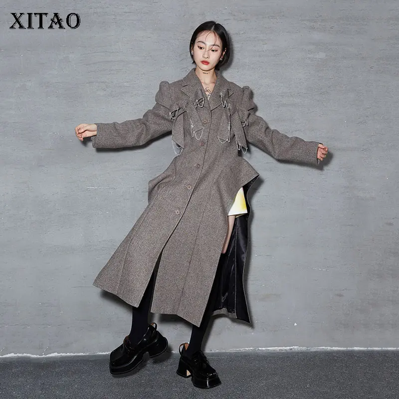 

XITAO Irregular Women Blends Coat Vintage Fashion Big Hem Three-dimensional Bow Waist Side Slit 2021 Autumn Winter New JL0041