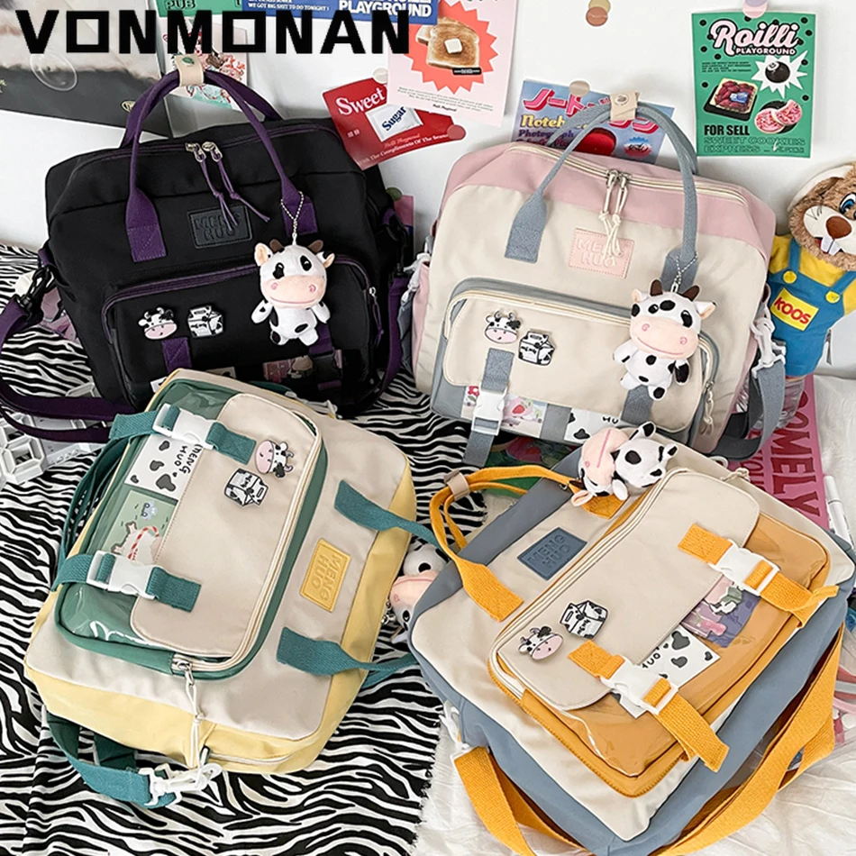 

Women Cute Cow Backpack Female Student College Schoolbag Girl Badge Multifunctional Backpacks Kawaii Ladies Waterproof Nylon Bag