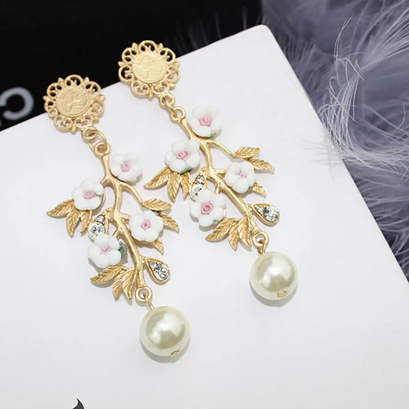 earrings Старинные цветок из горного хрусталя ободок для волос золотой сплав листья комплект жемчужных серег Свадебная повязка металлический ободок для волос комплект ювелирных изделий для женщин - Окраска металла: earrings
