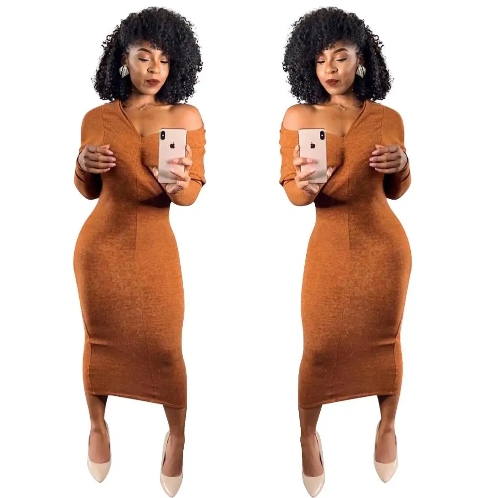 

Lady's Deep V-neck Full Sleeve Off The Shoulder Solid Sexy Party Dress Bodycon Mid-Calf Dresses Simple All Match Midi Mujer